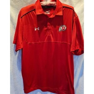 Uof Utah Under Armour Polo Shirt Red Large Loose Fit Heat Gear NCAA Utes